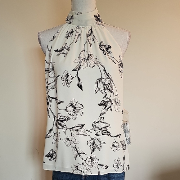 White House Black Market Tops - White House Black Market Floral Blouse - Black and Cream